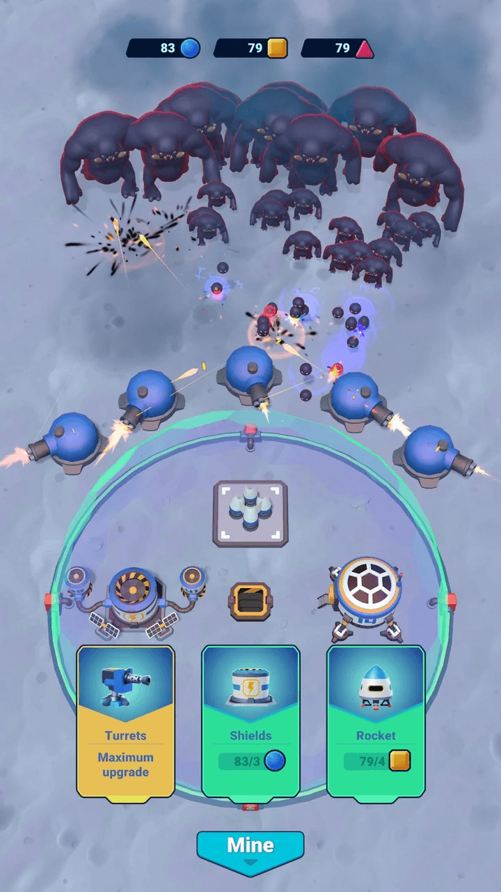 The same base later: five turrets fire at a horde of large dark monsters, with Turrets at maximum upgrade