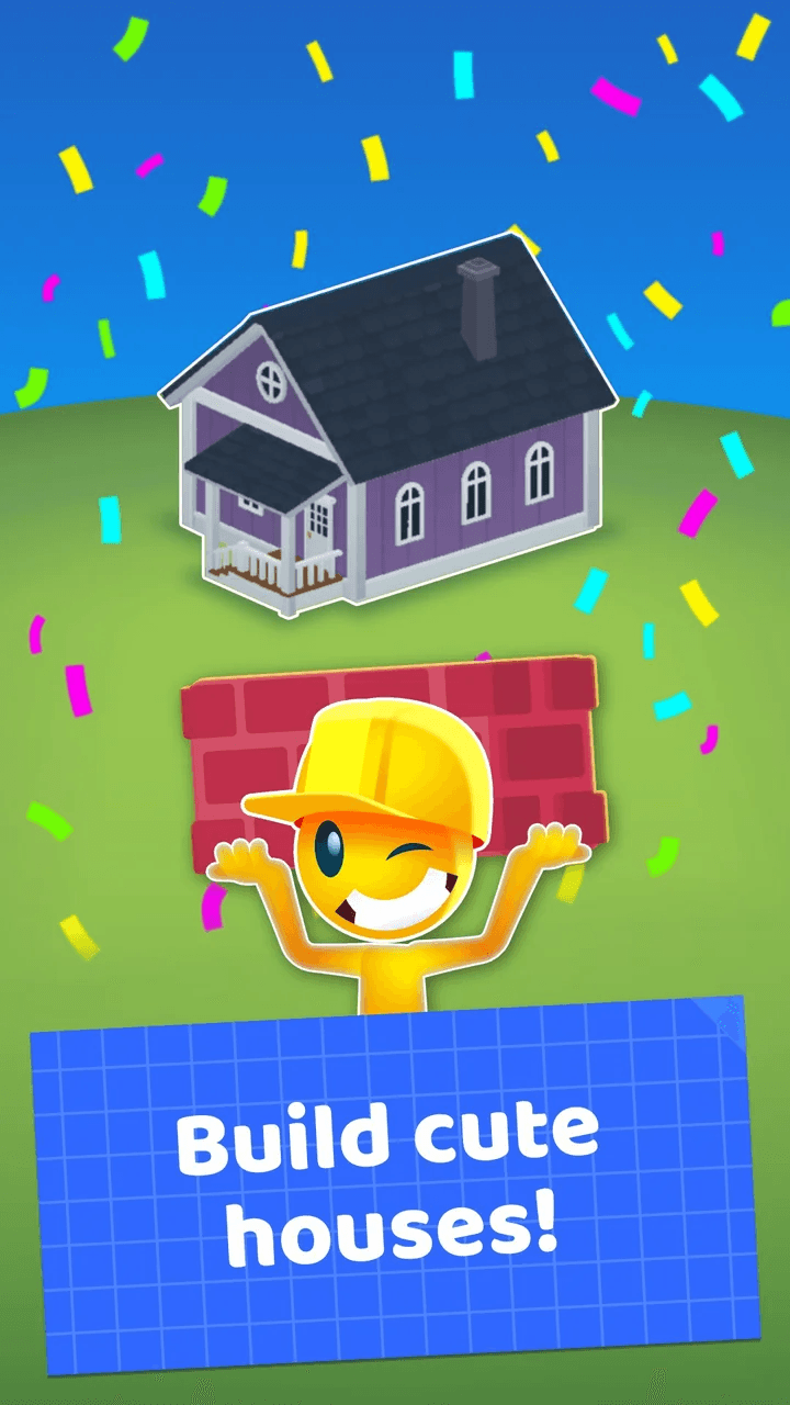 A finished purple house under confetti while the hard-hat mascot holds up a brick wall, captioned Build cute houses!