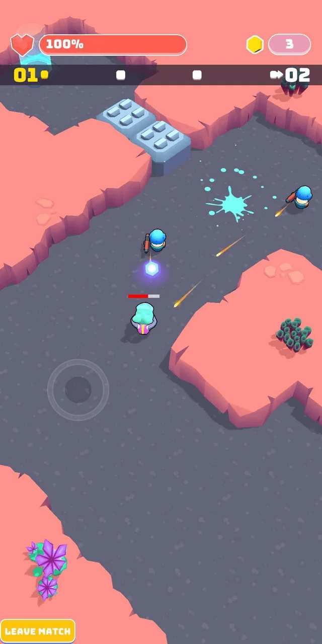 Top-down arena match: blue-helmeted players trade shots with a green-haired rival near metal cover blocks, a Leave match button in the corner