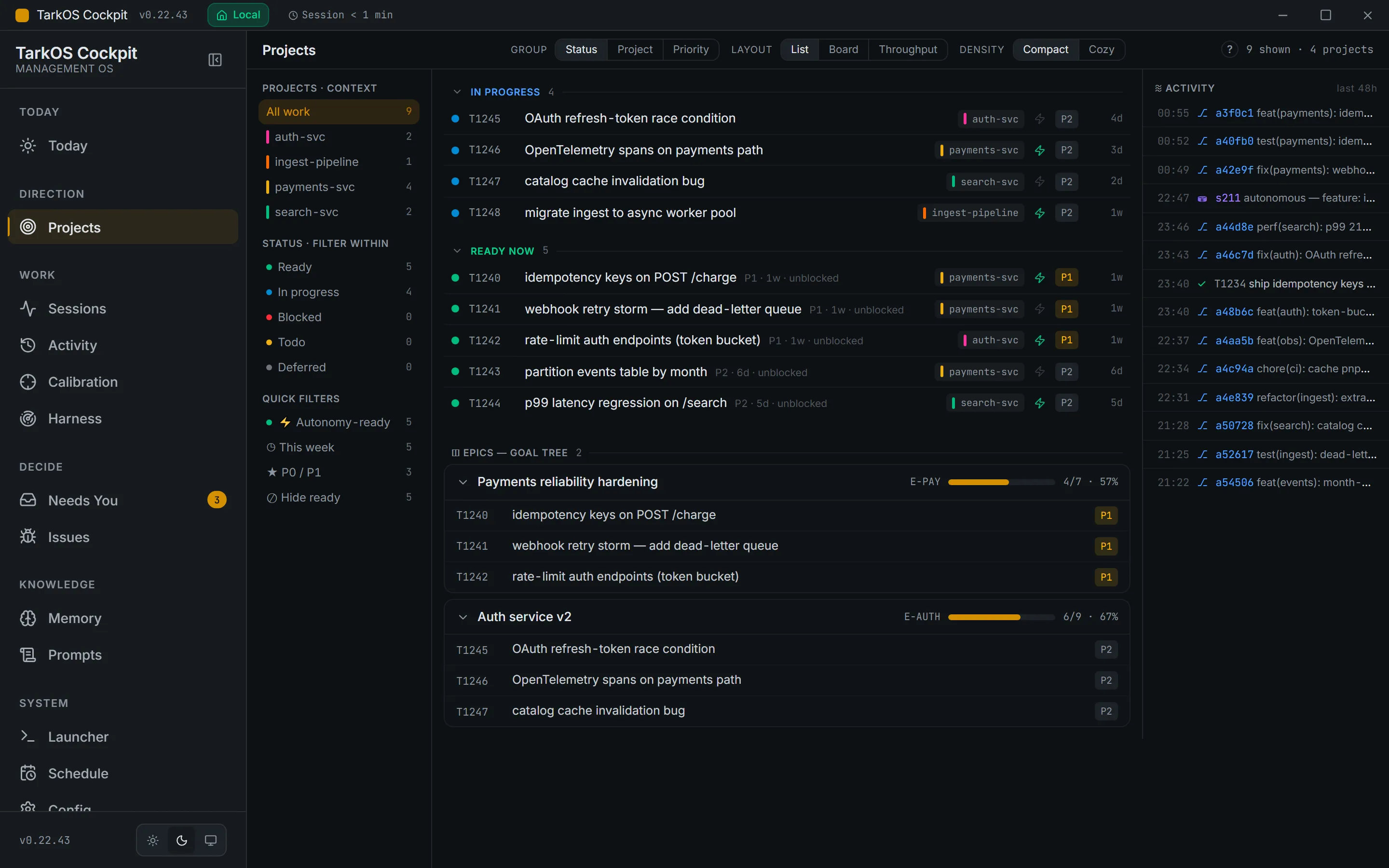 Mission Control: live runs, the decision queue, project %, health.