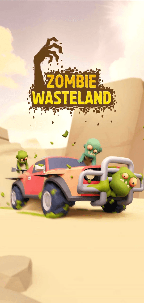 Splash screen: the Zombie Wasteland logo over a red buggy with three zombies clinging to its bumper and roof