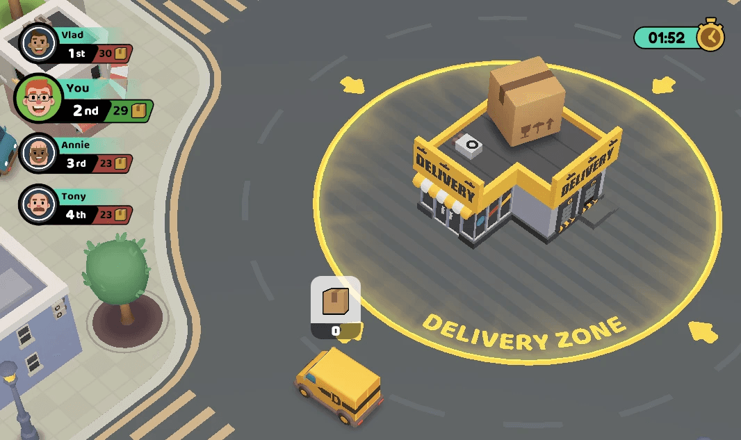 Top-down city block: a yellow delivery van heads for the glowing Delivery Zone around a depot, a four-player leaderboard on the left and a round timer top right