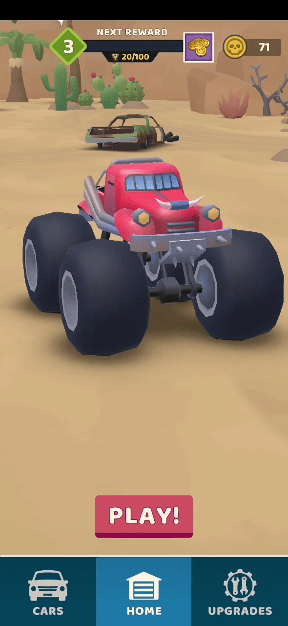 Garage home screen: the red monster truck, level and reward progress, the Play button