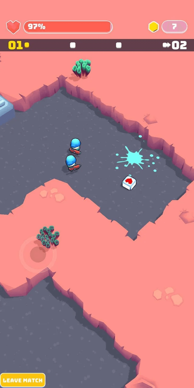 Top-down arena match: two blue-helmeted players beside a health-kit crate and a splash of blue paint, the HUD showing 97% health and round 01 of 02