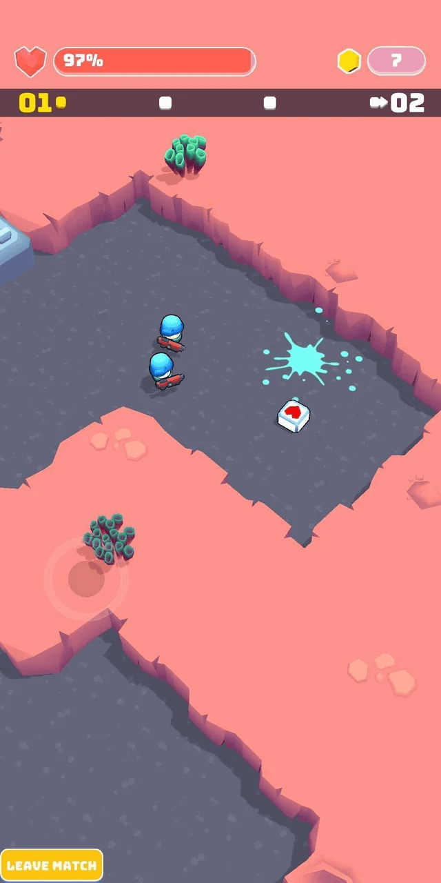 Top-down arena match: two blue-helmeted players beside a health-kit crate and a splash of blue paint, the HUD showing 97% health and round 01 of 02
