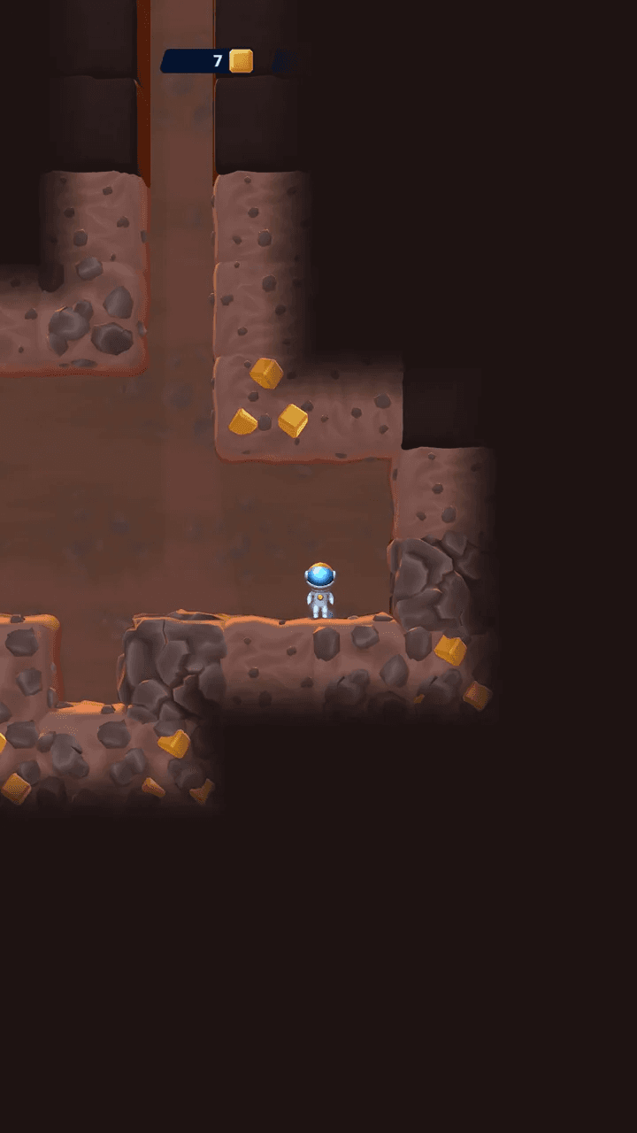 An astronaut stands in a dug-out underground tunnel next to gold resource chunks, a resource counter at the top