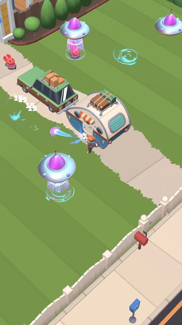 A suburban front lawn seen from above: UFOs beam down enemies near a station wagon and a camper while the player fires a blaster, damage numbers floating