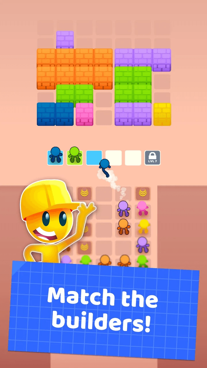 Puzzle board: a wall of coloured bricks above a grid of builders, one blue builder running to a waiting slot, captioned Match the builders!