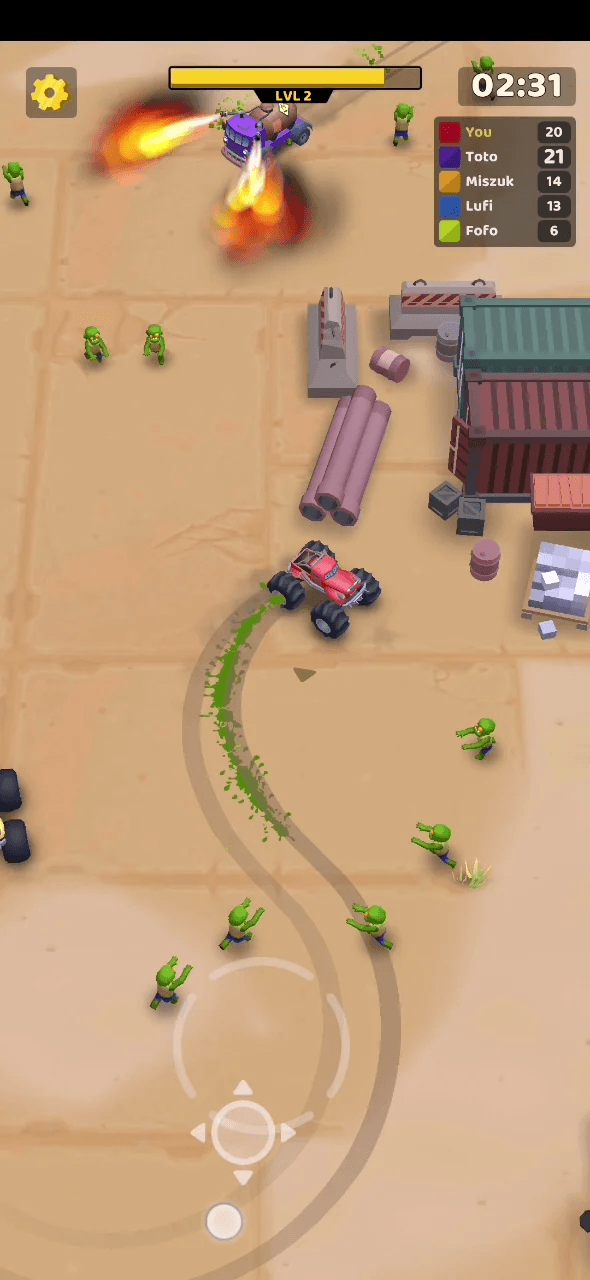 Mid-round: the truck drags its wrecking ball through a scrapyard while zombies close in and the leaderboard updates