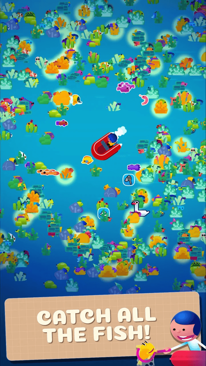 Top-down pond crowded with fish and coral, the red boat in the middle and a net power-up beside it, captioned Catch all the fish!
