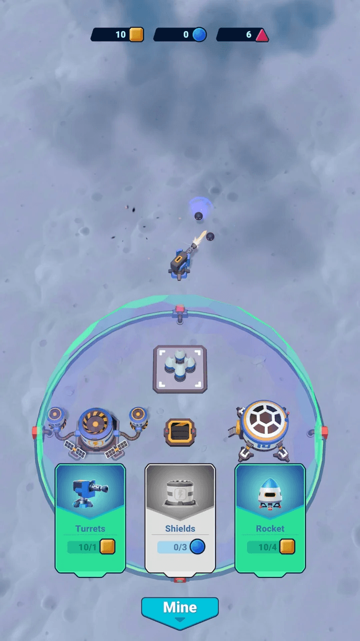A moon base under a shield dome with one turret firing at incoming enemies; Turrets, Shields and Rocket upgrade cards and a Mine button below