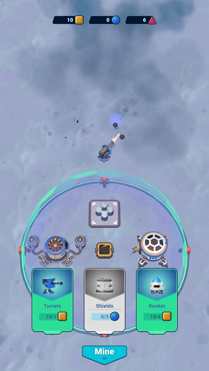 A moon base under a shield dome with one turret firing at incoming enemies; Turrets, Shields and Rocket upgrade cards and a Mine button below