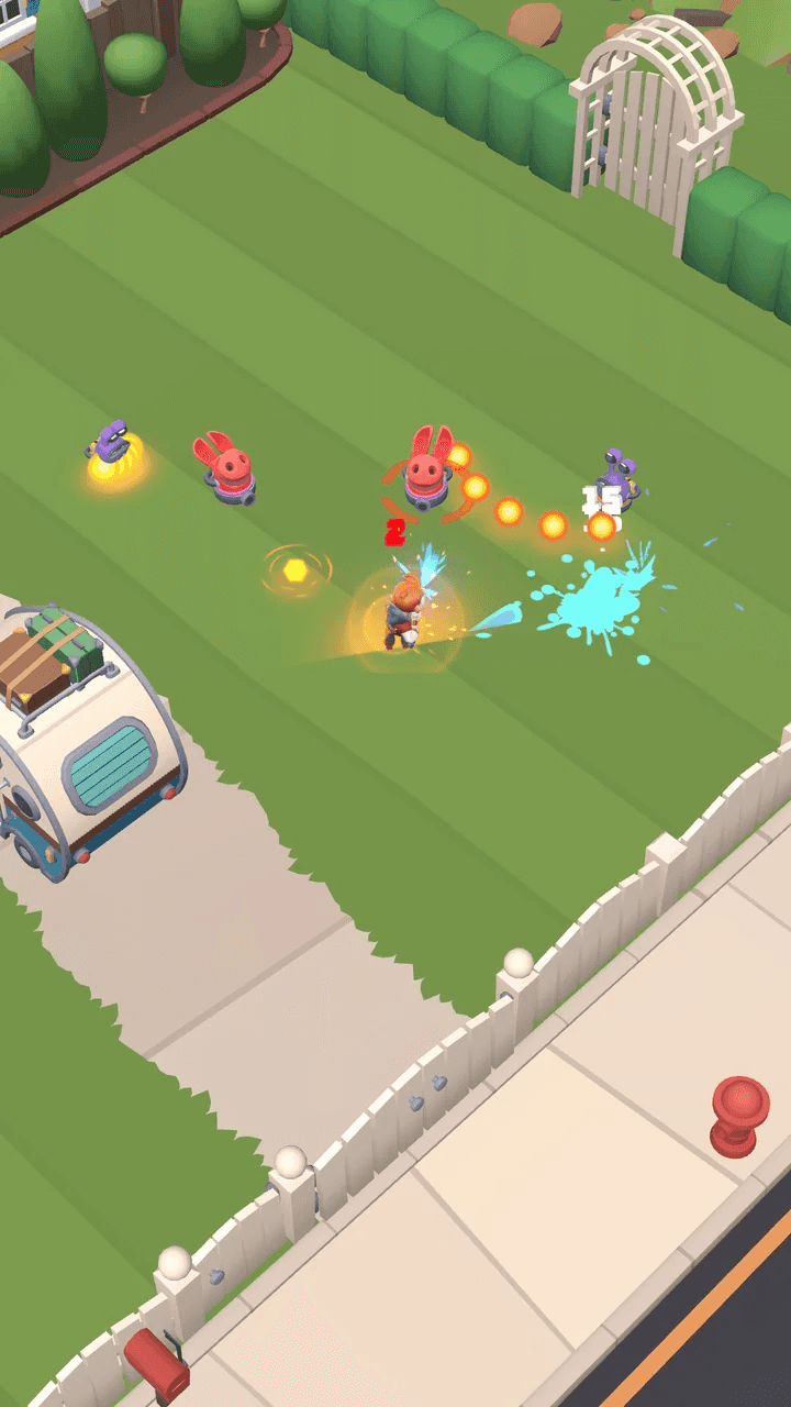 Backyard fight: the player blasts red and purple alien turrets that fire orange shots back, a pickup and a splash of blue goo on the grass