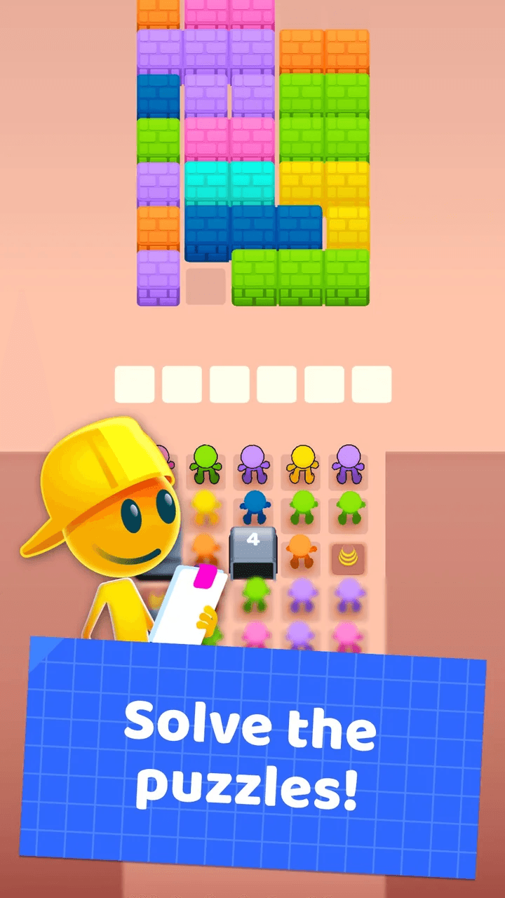 A taller brick wall mid-solve, six empty waiting slots and the builder grid below, captioned Solve the puzzles!