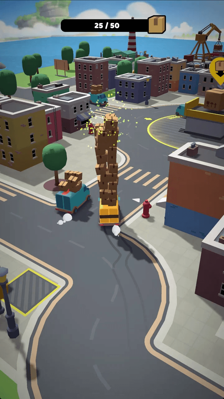 A harbour district with a dock crane: the yellow van hauls a swaying tower of parcels along the waterfront