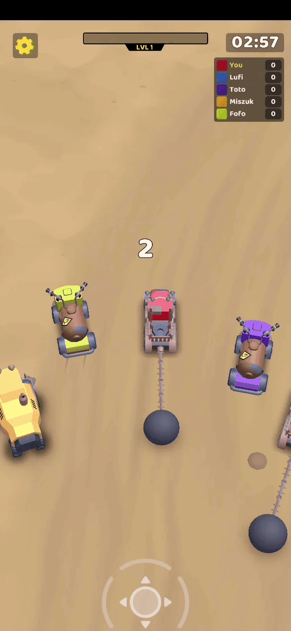 Round start: five trucks with wrecking balls line up in the desert arena