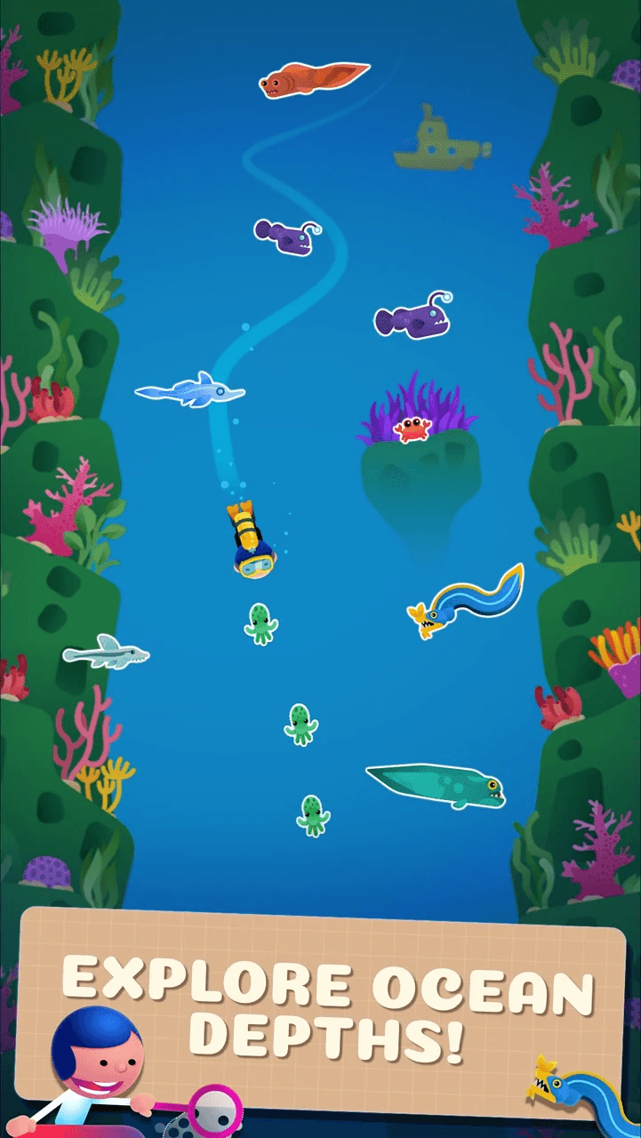 A diver swims down a reef shaft past anglerfish, eels and small green squid, captioned Explore ocean depths!