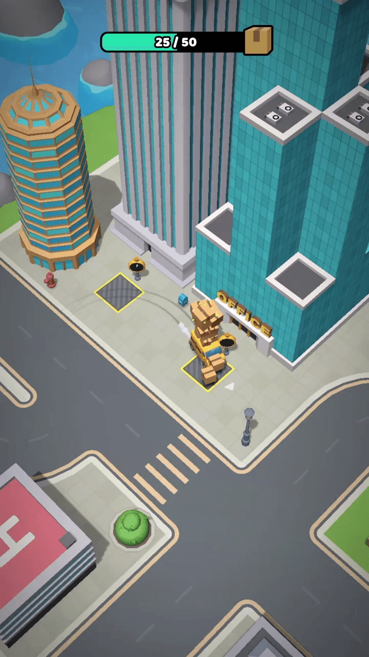 Downtown: the van weaves between glass towers and a helipad with a stack of parcels on its roof