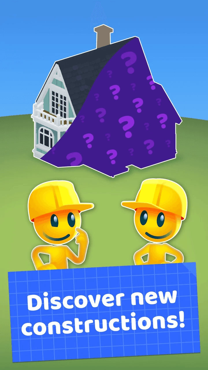 The next house half hidden under a purple question-mark cover, two mascots looking on, captioned Discover new constructions!