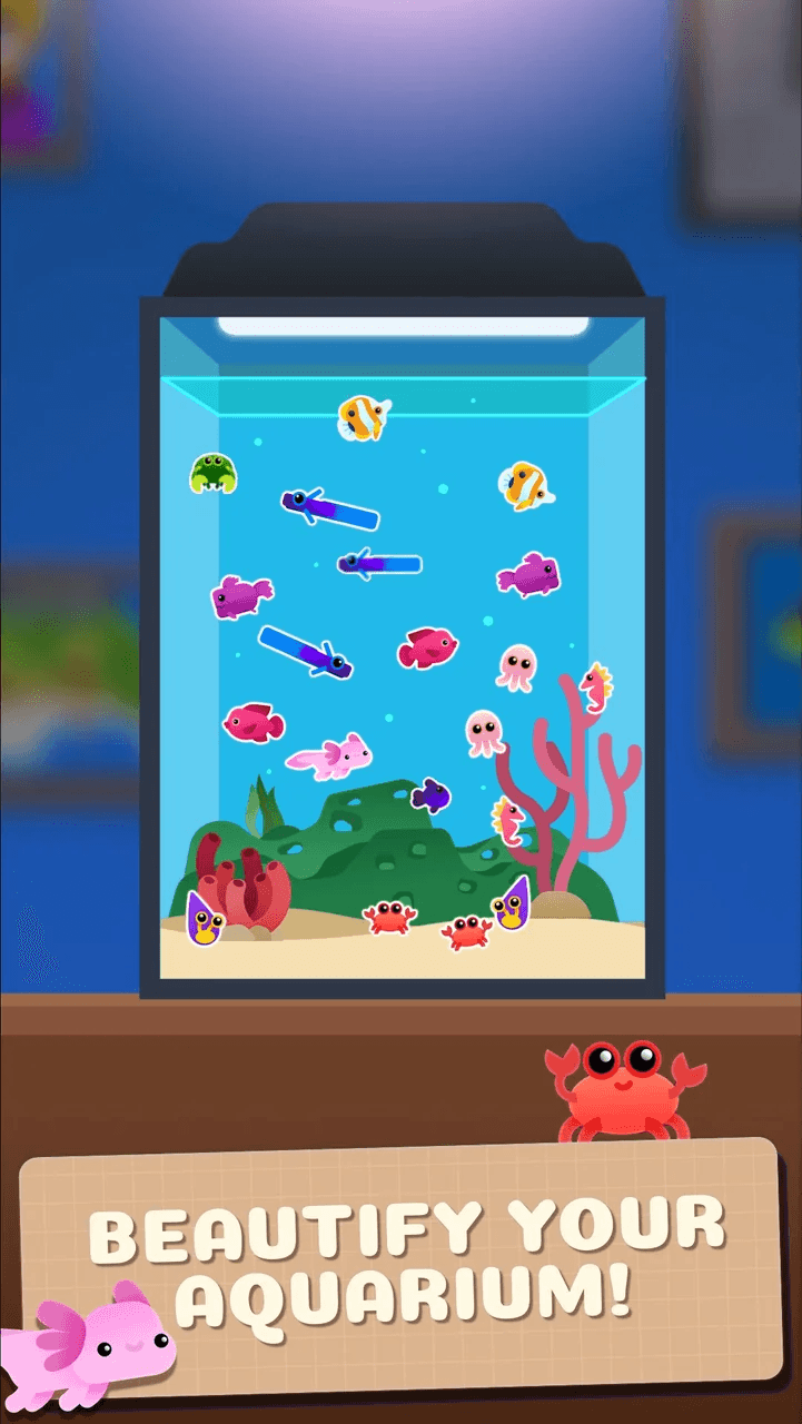 A home aquarium tank stocked with fish, jellyfish, seahorses, crabs and an axolotl, captioned Beautify your aquarium!