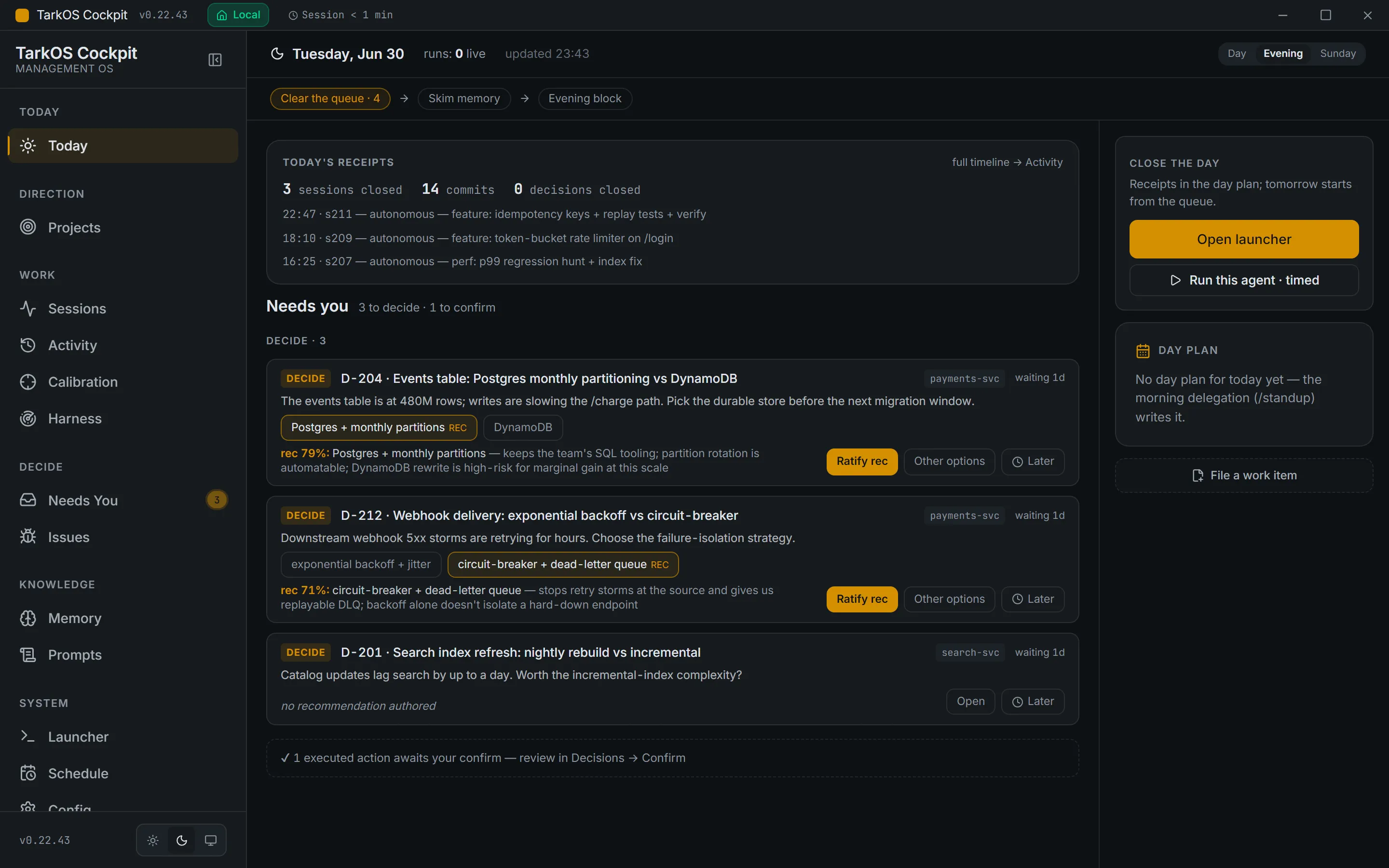 TarkOS Cockpit · the desktop console (Today view, anonymized demo data)